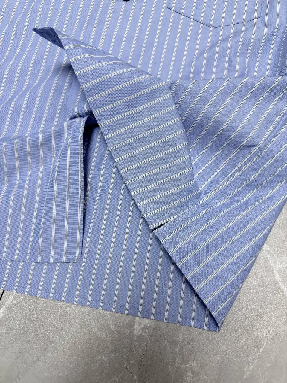 View 5 of Light-Blue Striped Shirt with Modern Accents, Cotton Blend, Short-Sleeve, Premium Comfort