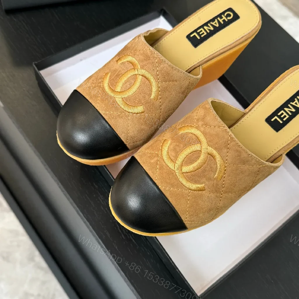 View 9 of Camel Suede Mules with Black Cap Toe—Chic Open-Back Style, Cushioned Comfort