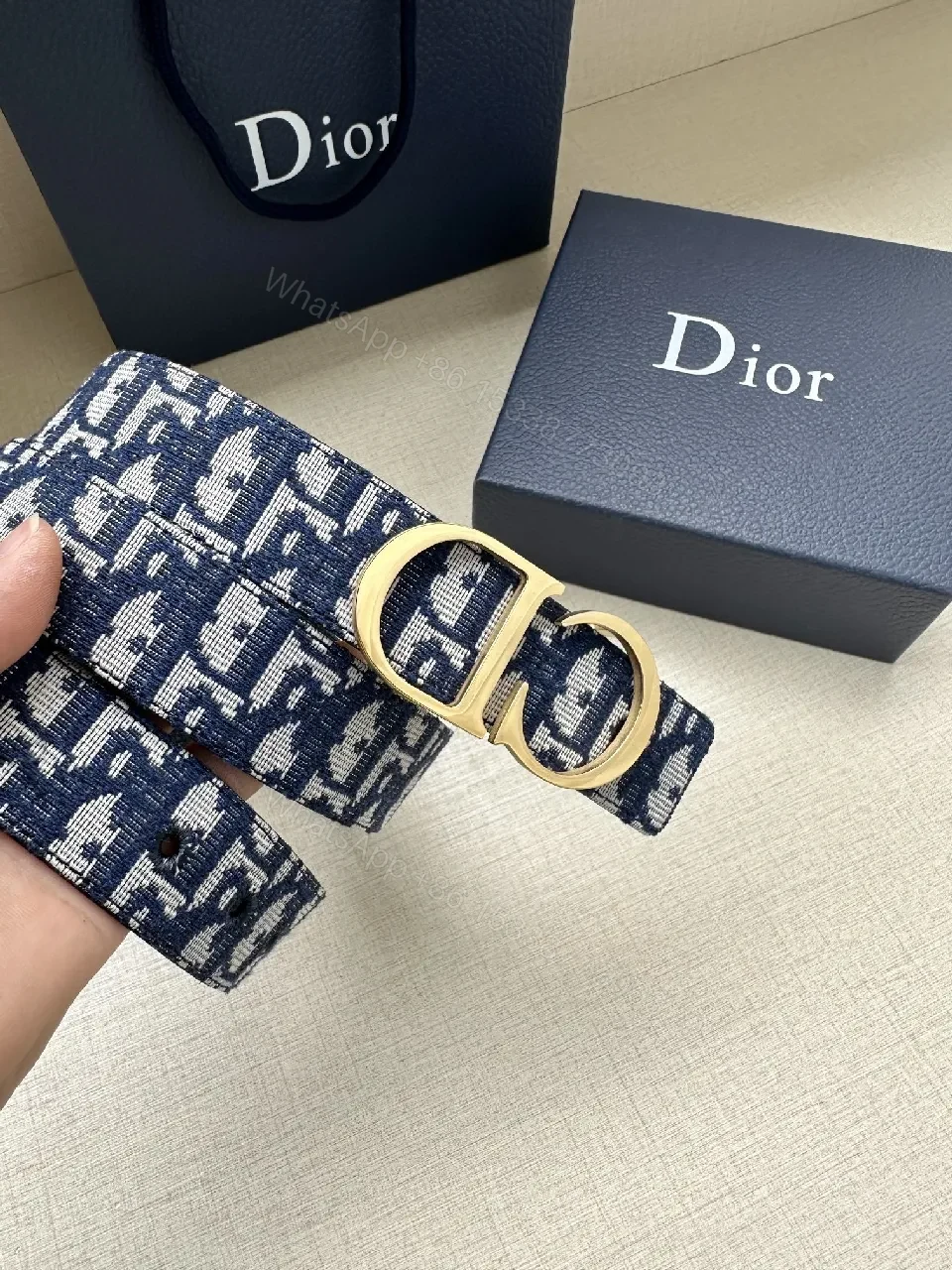 View 4 of Patterned Denim-Inspired Belt with Signature Double-Grommet Buckle