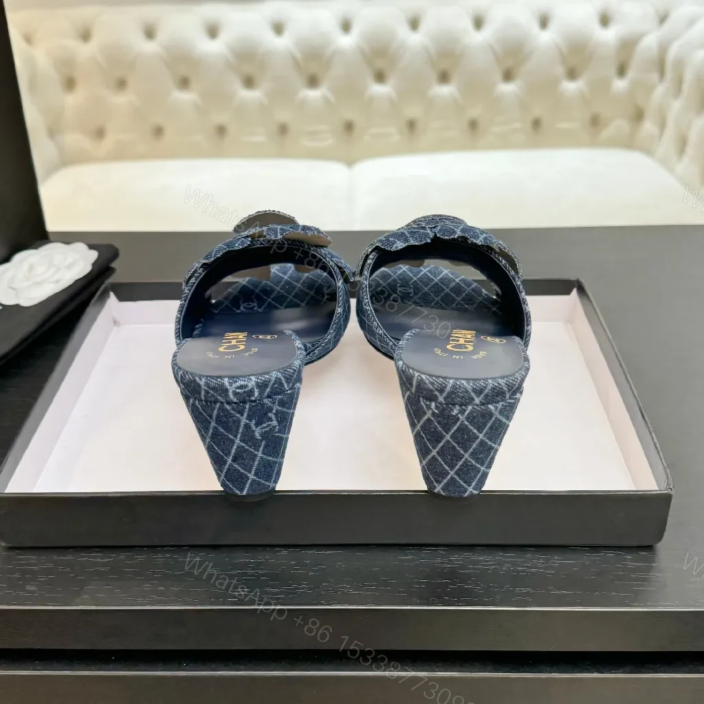 View 4 of Denim-Textured Mule Sandals with Luxe Emblem