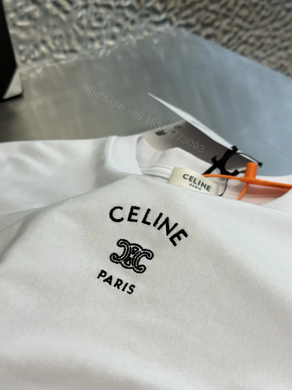 View 6 of White Cotton T-Shirt, Celine Logo, Oversized Style, Casual Top
