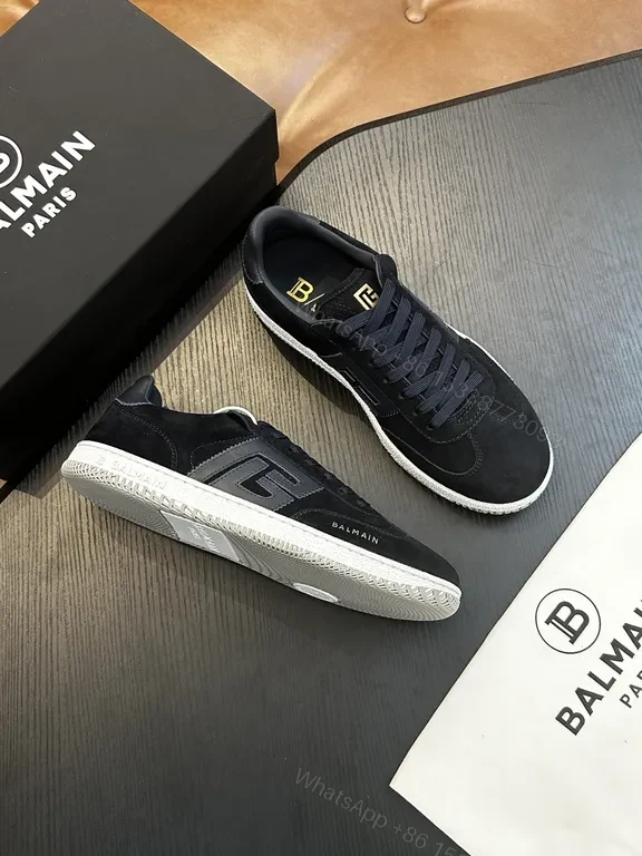 View 8 of Black/Gold Balmain-Style Low-Top Sneakers, Replica, Dark Blue Laces