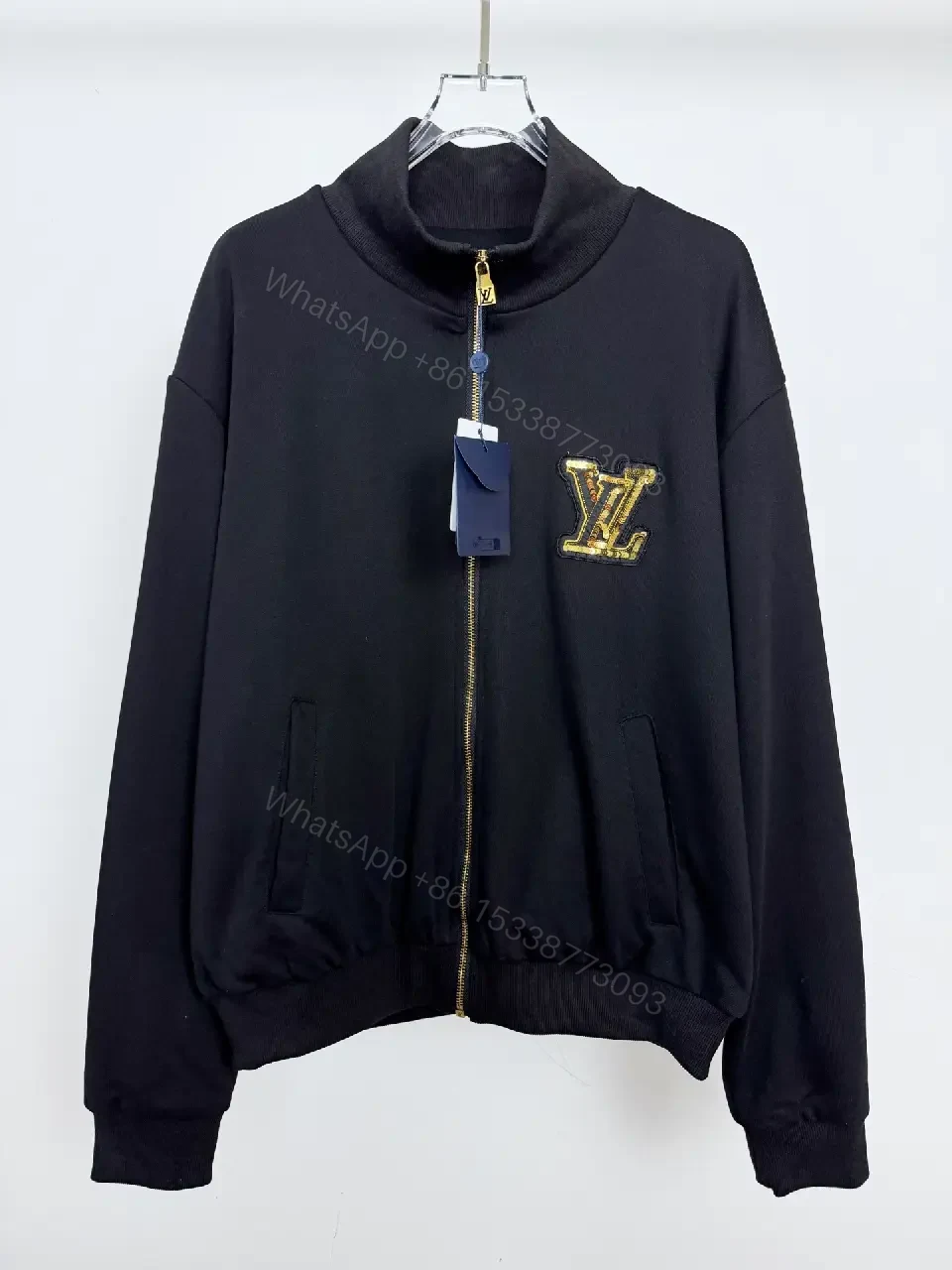 Black Leather-Blend Zip Jacket with Luxury Emblem — view 1