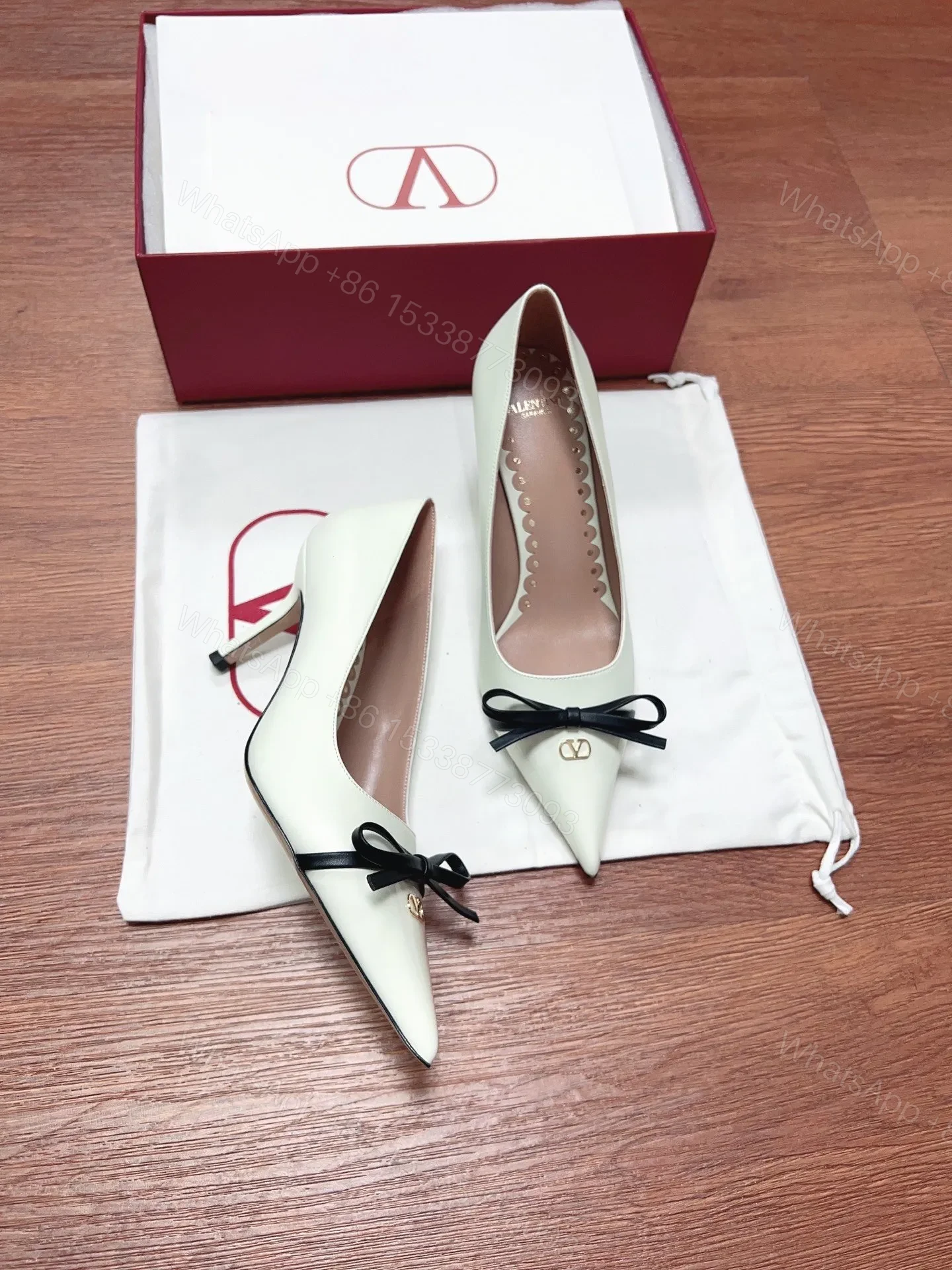 View 3 of Valentino Women White Leather Pointed Toe Pumps