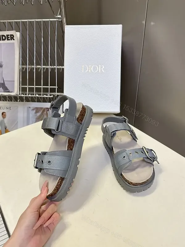 Gray Leather Sandals with Cork Footbed & Buckle Straps (Dior Style) — view 1