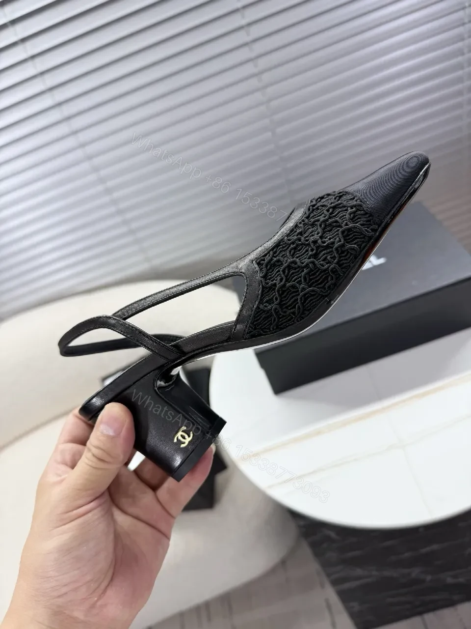 View 2 of Chic Black Mesh Slingback: Textured Luxury Slip-Ons