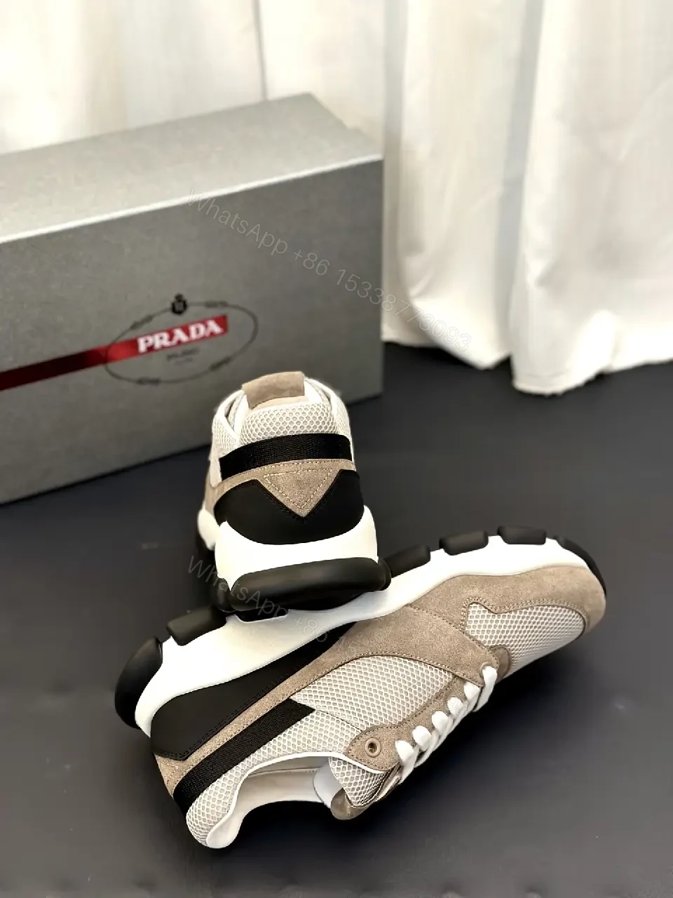 View 7 of Beige Mesh & Suede Sneakers, Chunky Sole, Prada Style