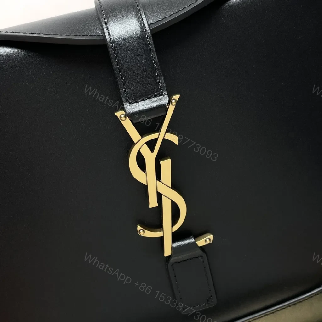 View 5 of Black Leather Crossbody: Ultra-Sleek, Gold Accent, Structured Utility Bag