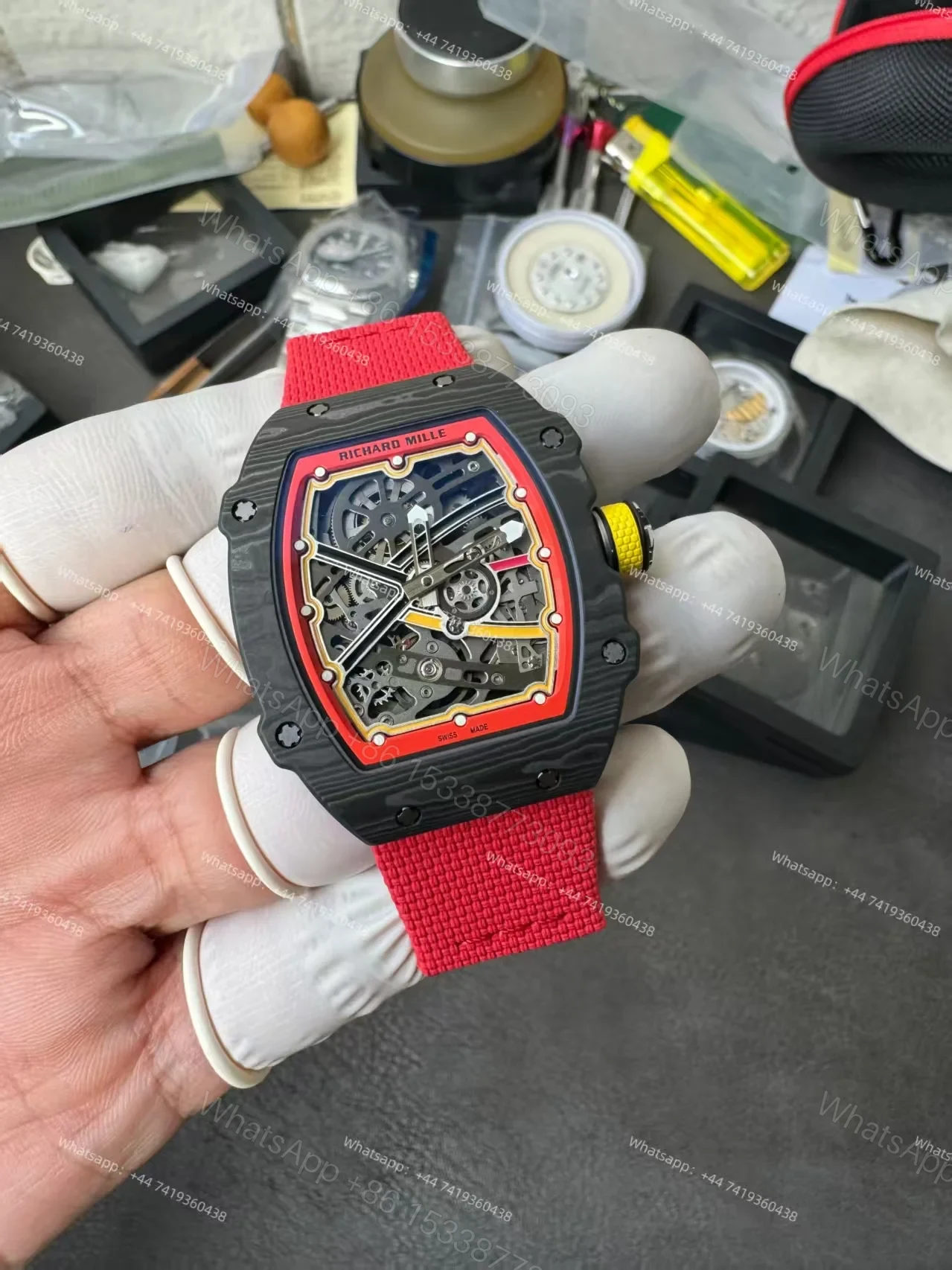 View 3 of Super Clone Richard Mille RM67-02 Carbon TPT Skeleton Tourbillon 1:1 Replica Watch with Red Strap