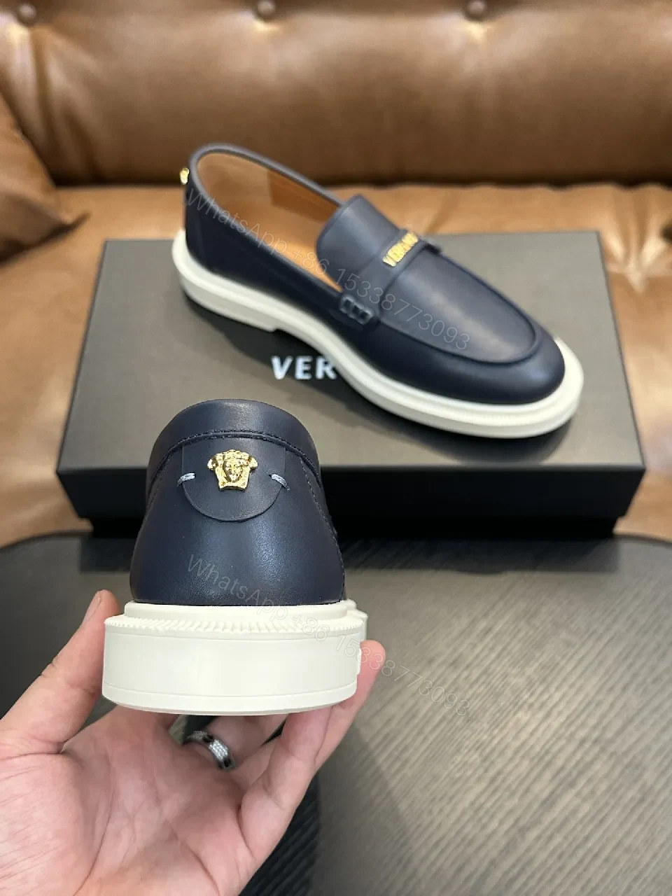View 7 of Navy Leather Driver Loafers with Gold Hardware Details