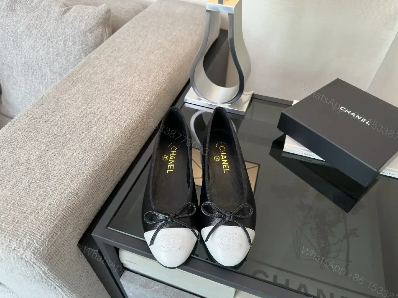 View 8 of Black Leather Ballet Flats White Toe Cap Classic Iconic Logo Chanel Ballet Shoes
