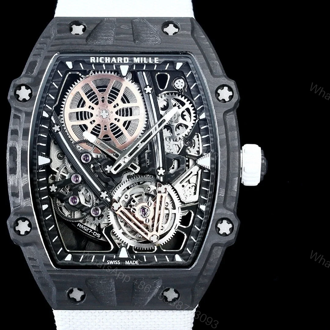 View 3 of Richard Mille RM27-05 Rafael Nadal Flying Tourbillon Watch White Strap Ultra Light Carbon TPT Skeleton 38g Ultra Thin 9MM Premium Edition RM-RM27-05-RN-WHT-F38