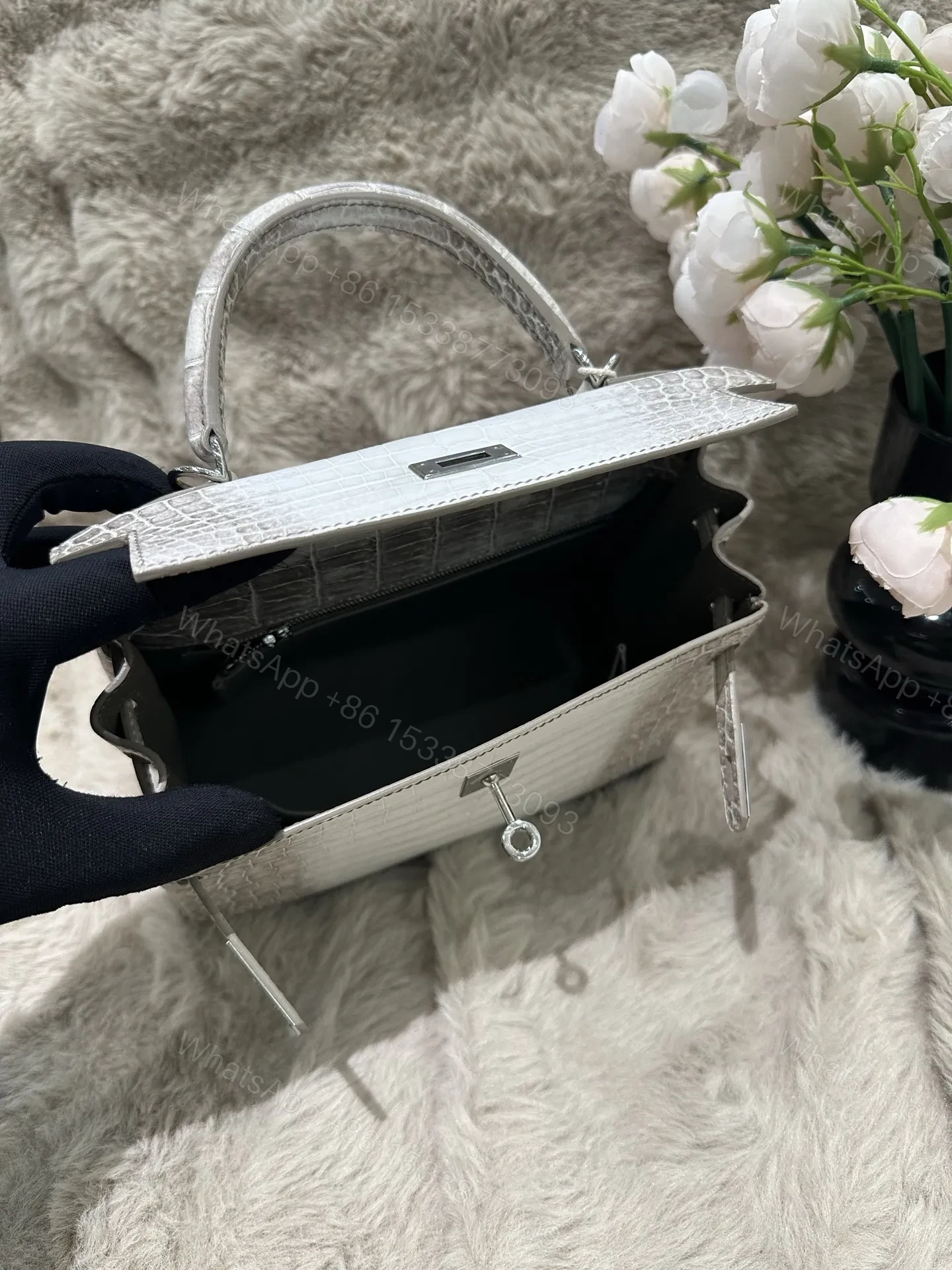View 7 of Hermes Kelly 25cm Himalaya Crocodile Leather Silver Hardware