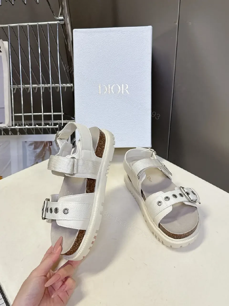 View 2 of White Leather Sandals, Combat Buckle, Dior Inspired Style, Open Toe Sandals