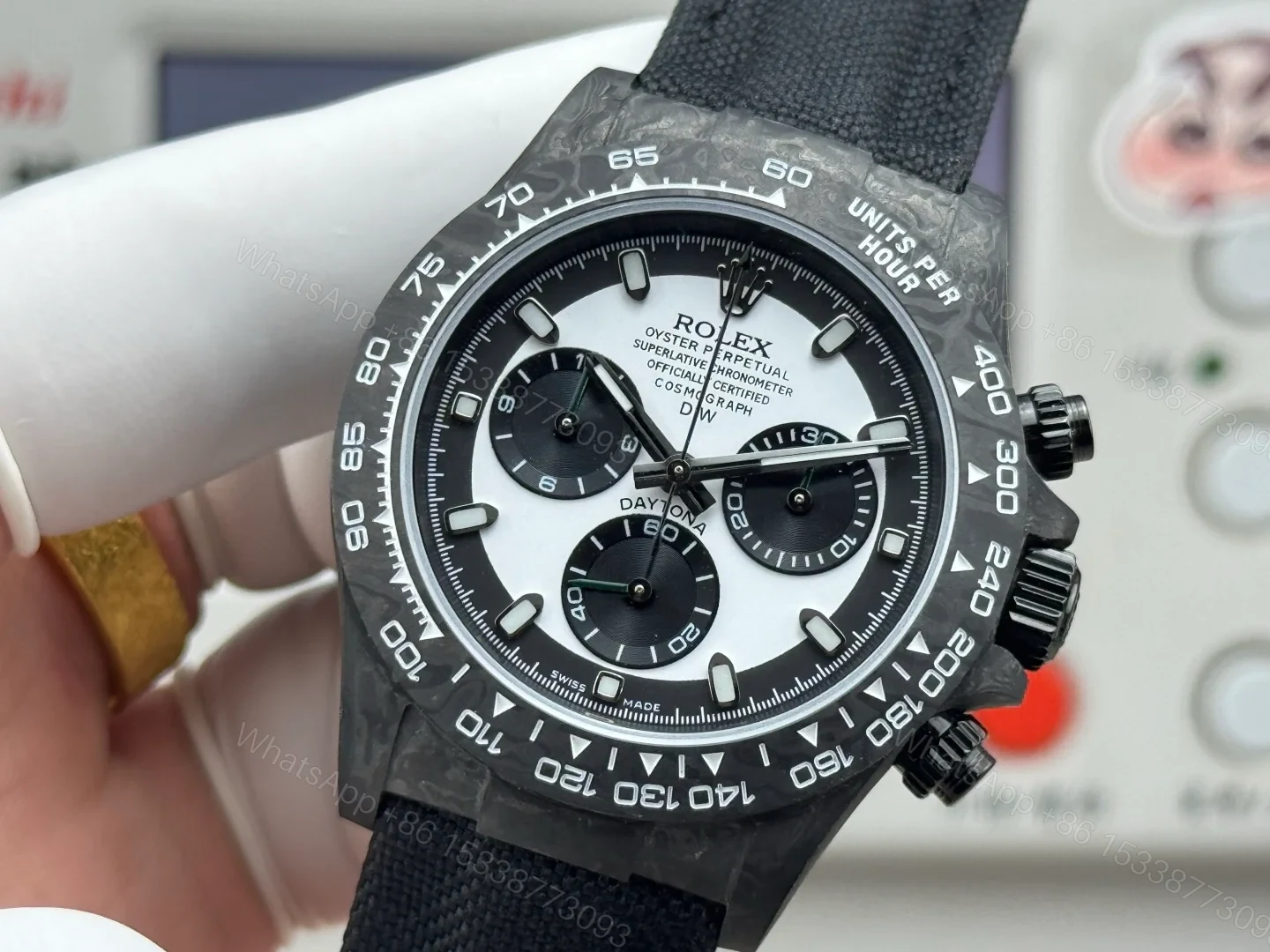 View 5 of Rolex Daytona Carbon Fiber Panda Replica 40MM Premium Black Fabric Strap R74-PANDA-BLACK