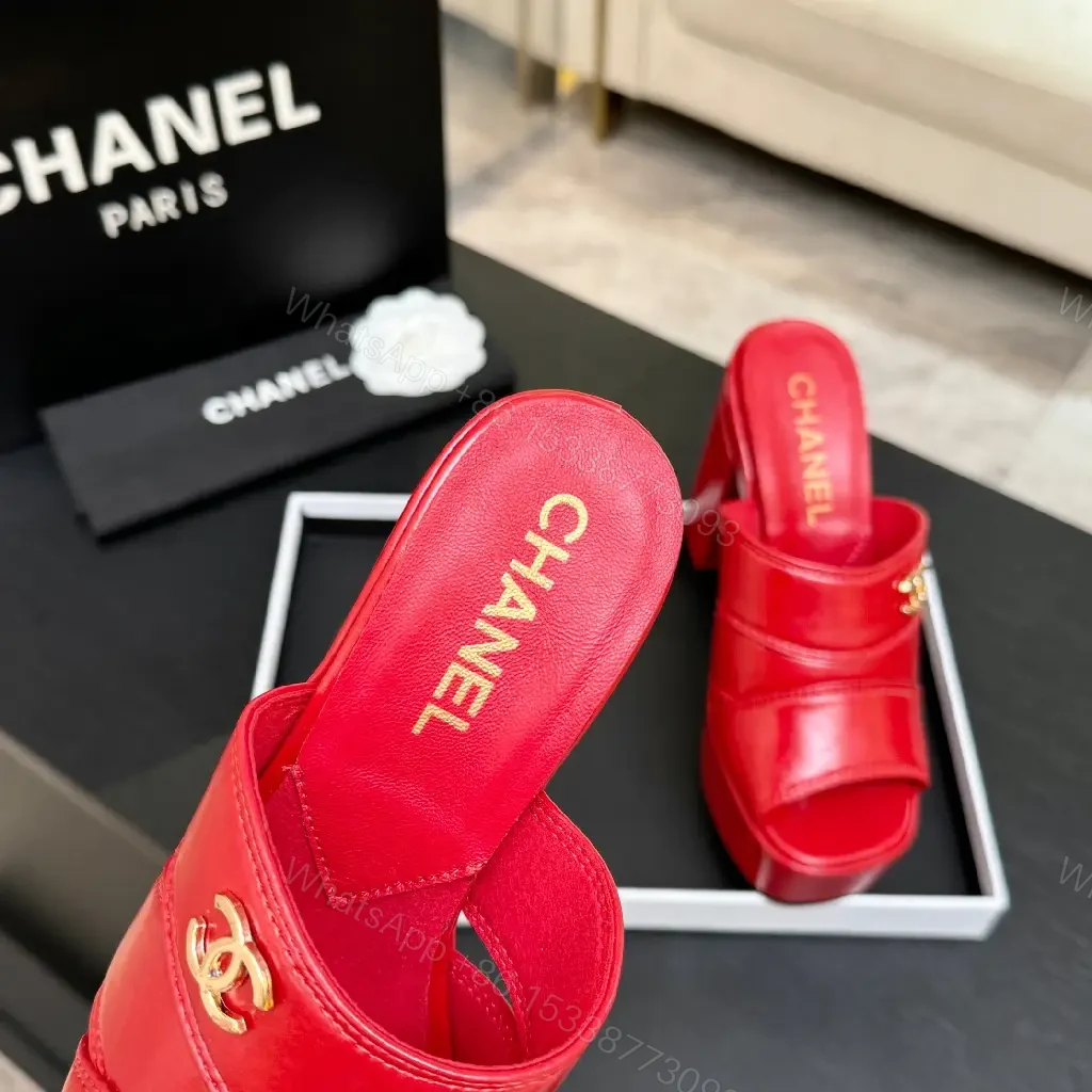 View 10 of Bold Red Patent Platform Mules with Luxe Logo Hardware