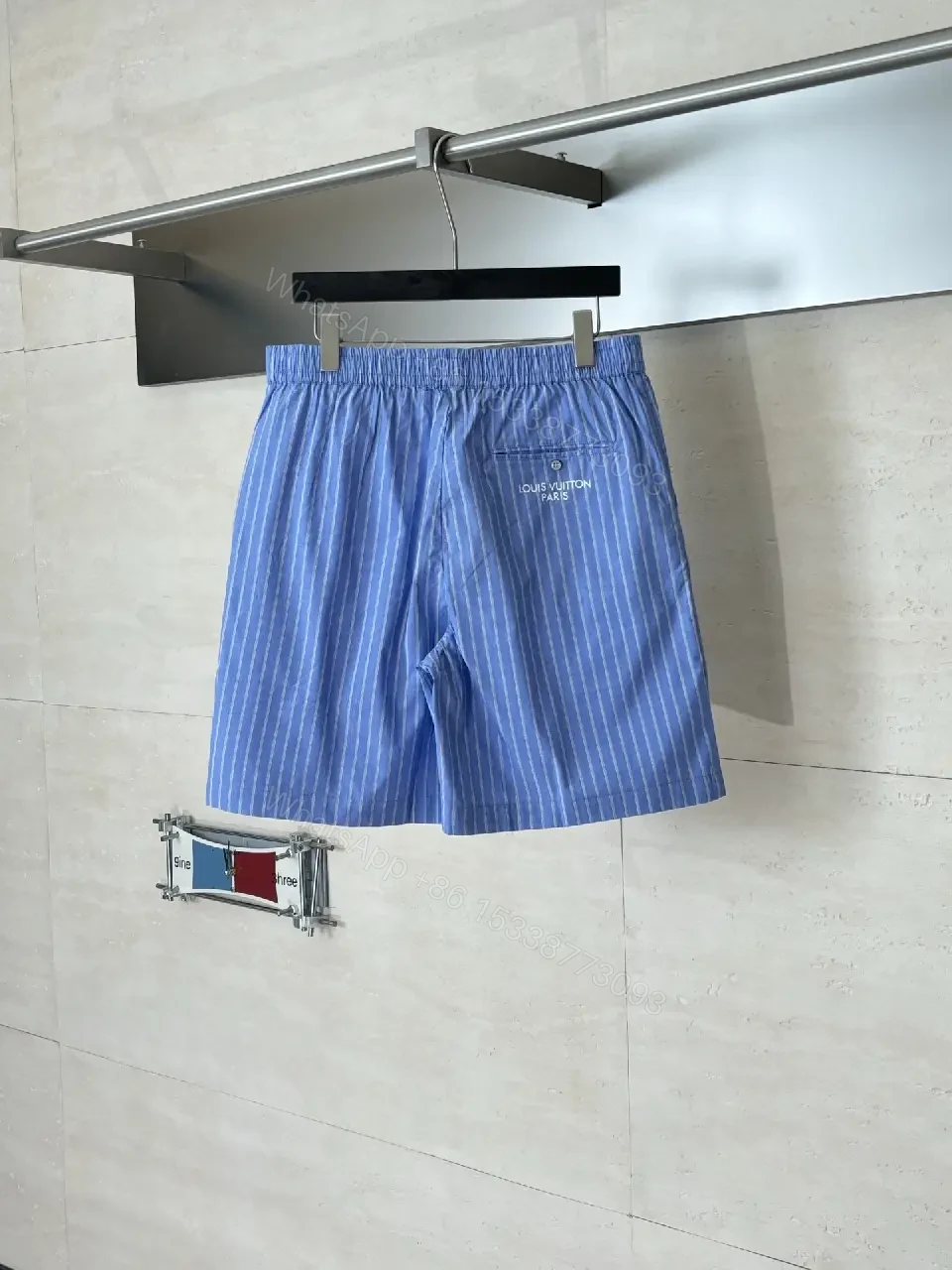 View 11 of Blue Striped Lightweight Drawstring Shorts - Subtle Embossed Logo Luxury