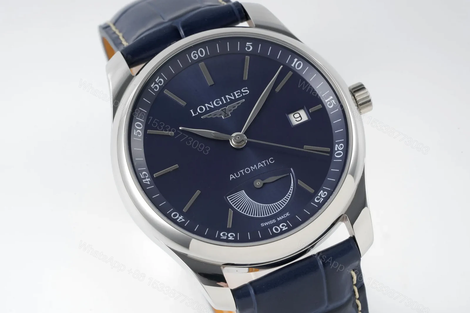 View 4 of Longines Master Collection Automatic Watch with Blue Dial and Leather Strap