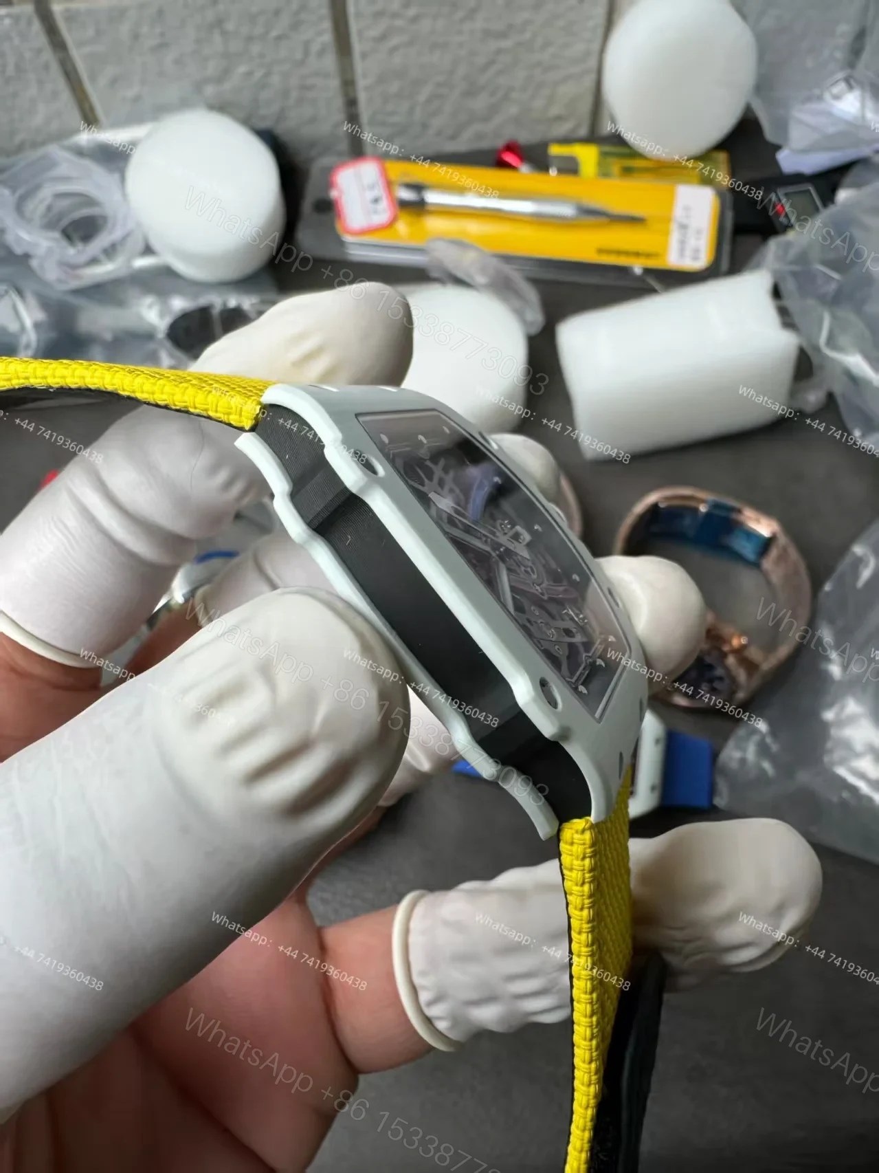 View 8 of Super Clone Richard Mille RM67-02 White Ceramic Skeleton Tourbillon 1:1 Replica Watch with Yellow Strap