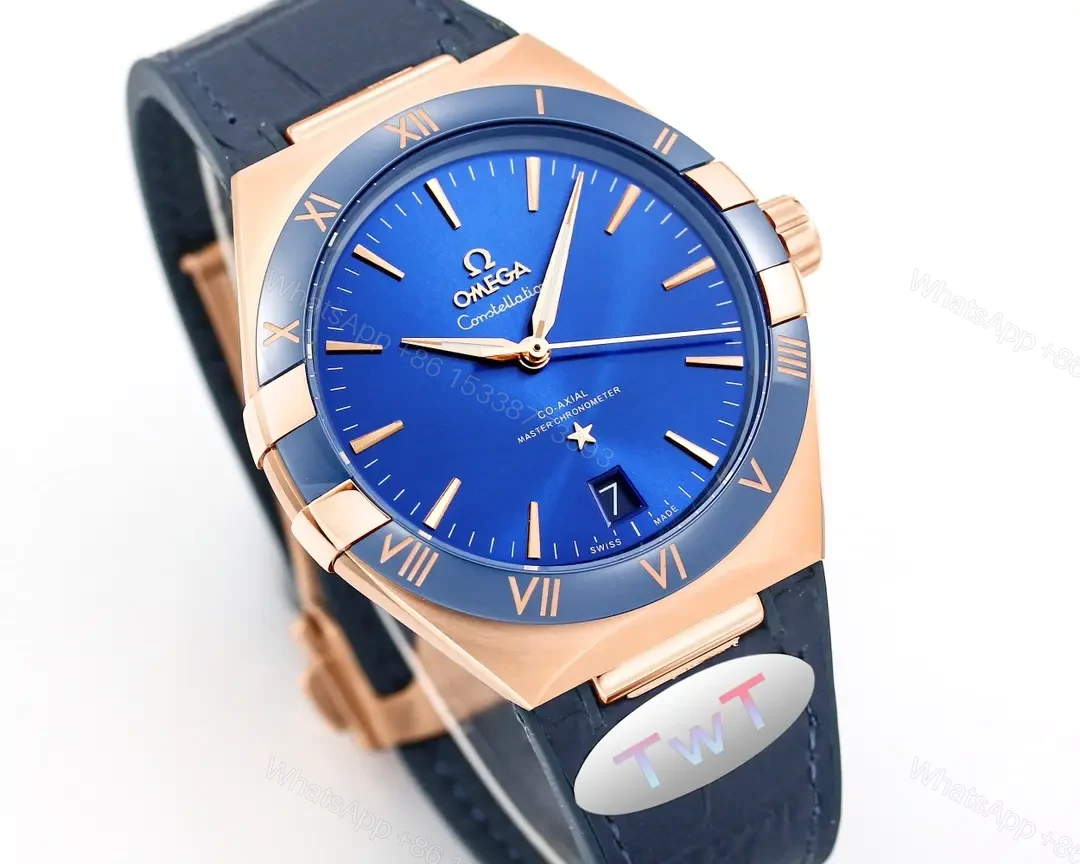 View 4 of Omega Constellation Meteorite Series 5th Generation Watch 41mm Blue Dial Rose Gold Case Leather Strap