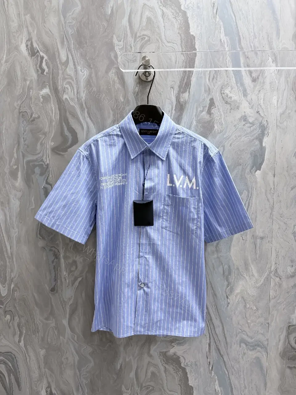View 9 of Light-Blue Striped Shirt with Modern Accents, Cotton Blend, Short-Sleeve, Premium Comfort