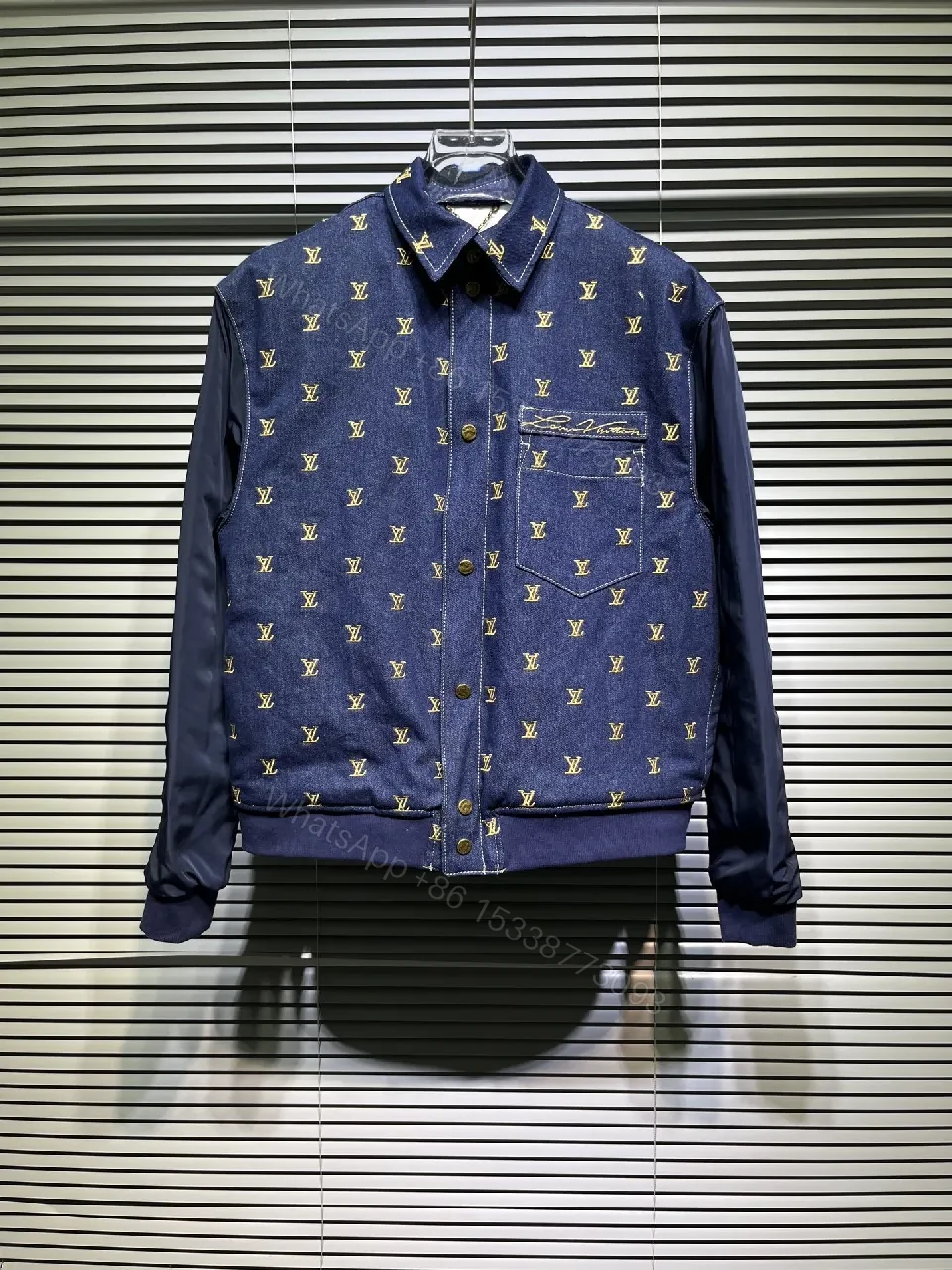 Denim-Accent Zip-Front Jacket with Monogram Motif, Modern Texture — view 1