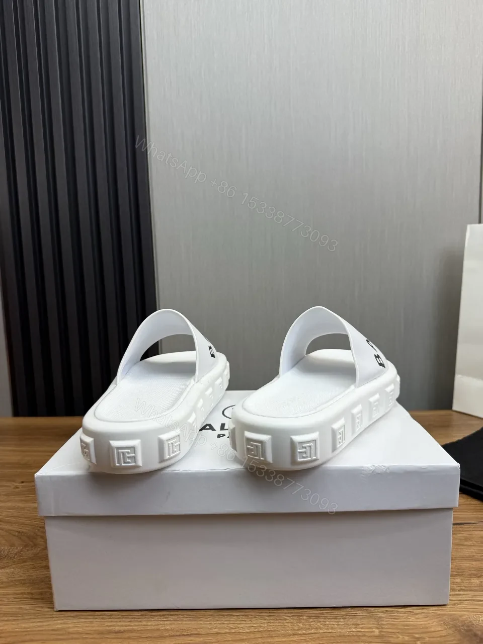View 3 of White Slip-On with Bold Logo Band, Minimalist Comfort Slide