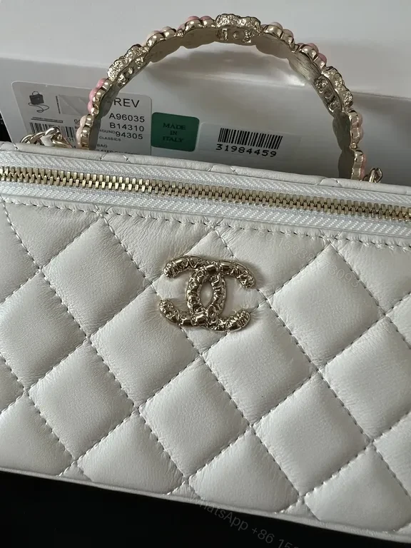 View 4 of Chic Quilted Mini Bag with Gold Emblem - White, Faux Leather, Luxe, Compact Luxury Bag