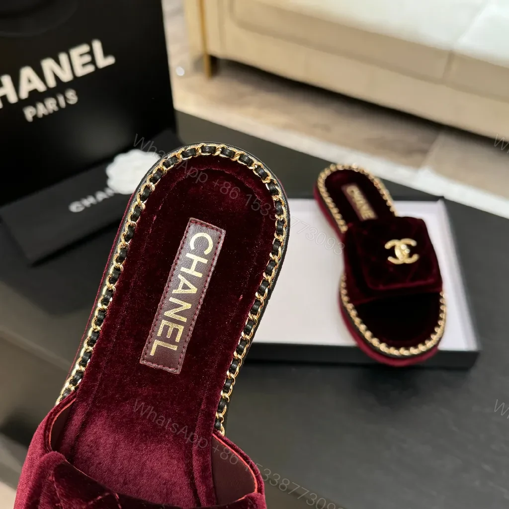 View 8 of Deep Wine Velvet Mules with Gold Chain Trim Slides