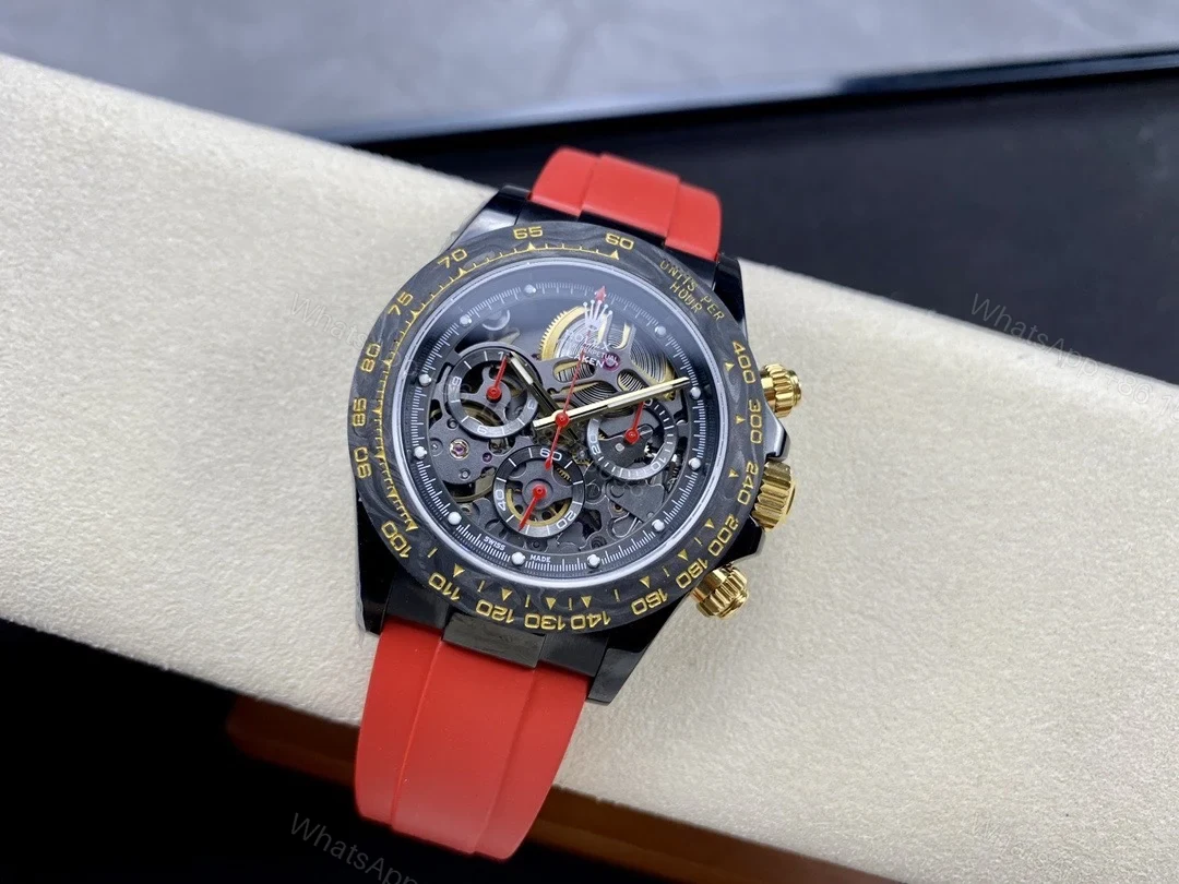View 7 of Replica Rolex Daytona Blaken Skeleton Dial Red Rubber Strap 40mm