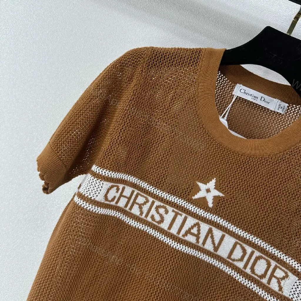 View 7 of Brown Knit Tee Wool Casual Dior Stripe Logo Top