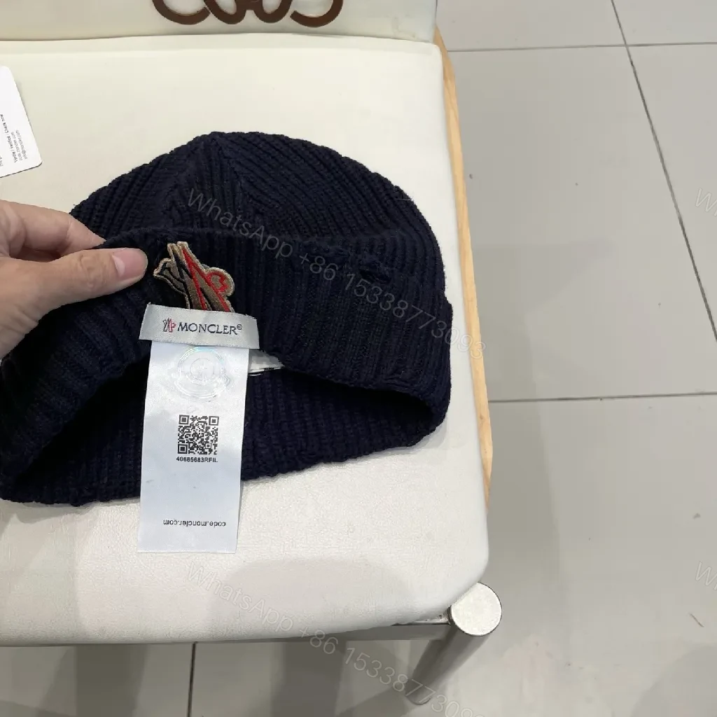 View 2 of Navy Knit Beanie + Lux Embroidered Moncler Emblem
