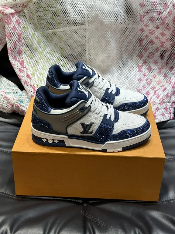View 7 of White Leather Low-Top Sneakers with Navy LV Accent Brand-Logo