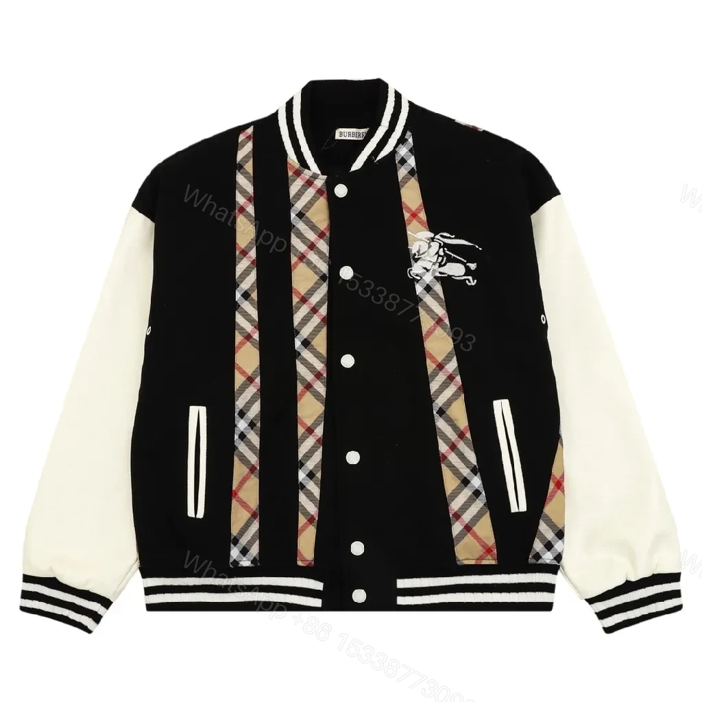 Bold Plaid-Panel Varsity Bomber Jacket — view 1