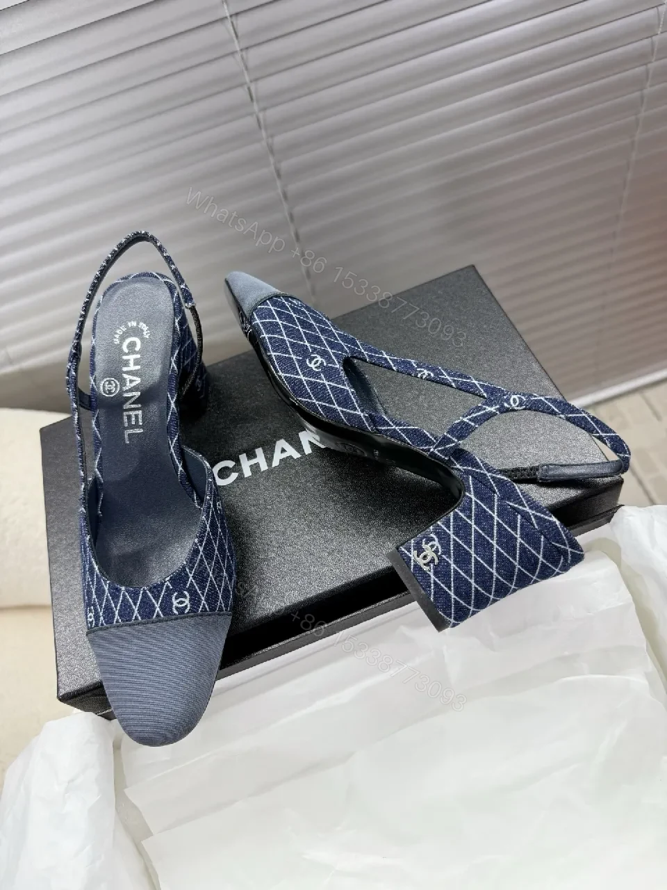 View 6 of Textured Denim-Pattern Pumps with Signature Details