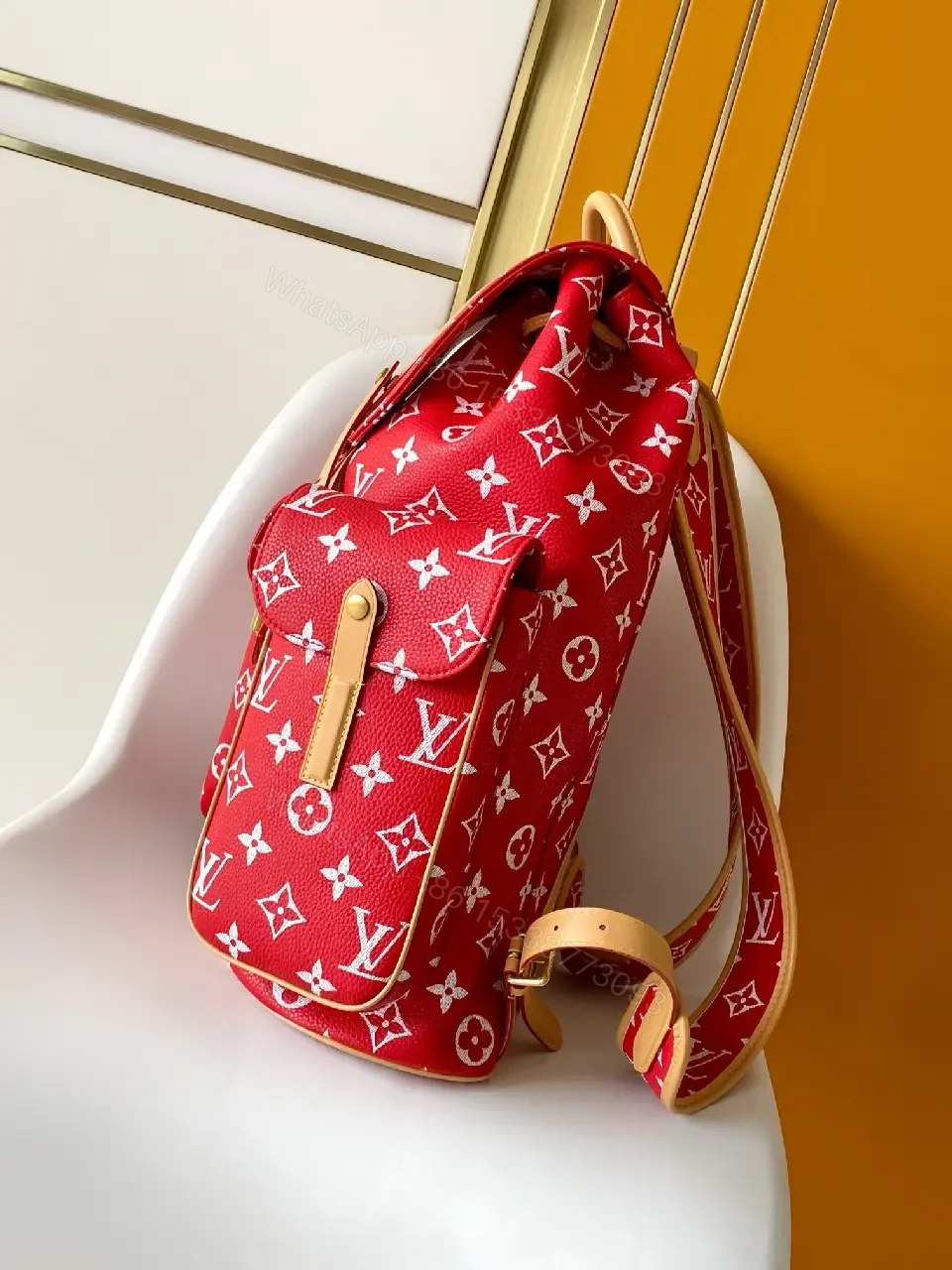 View 6 of Red Knit Luxury Backpack: Monogram Gold Hardware Backpack