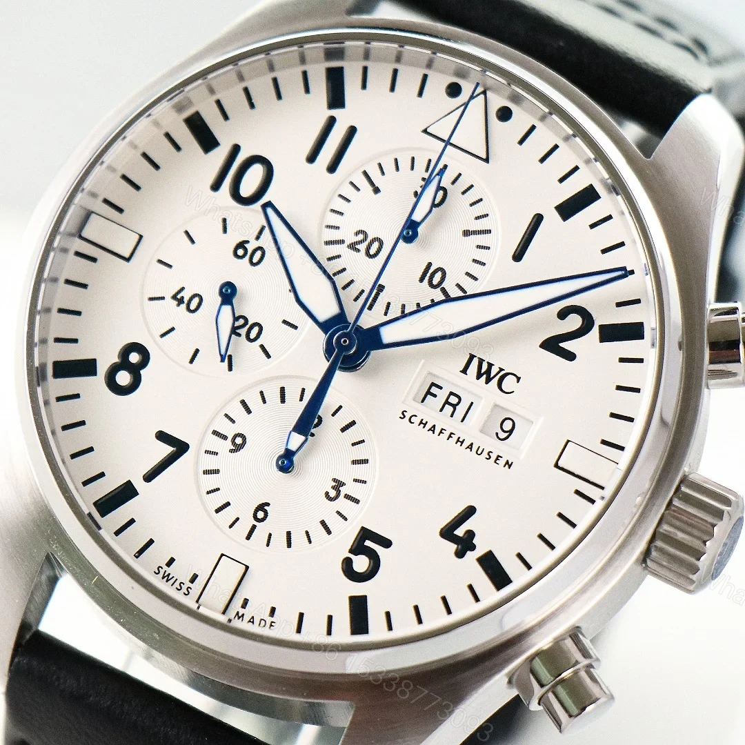 View 4 of IWC Pilot Chronograph White Replica 43MM Premium Steel Case Black Leather Strap Edition IWC-PILOT-CHR-WHT43-LTH