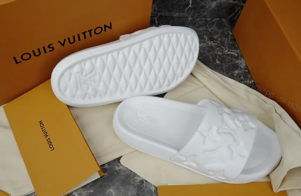 View 5 of Minimalist White Slides with LV Embellishment â€“ Luxe Comfort Slide