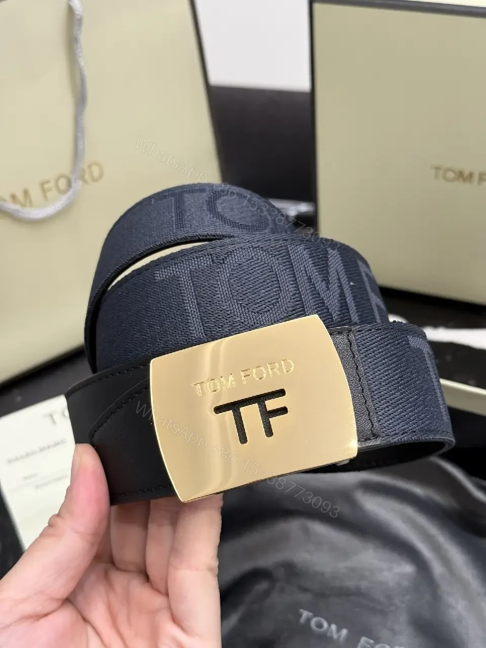 View 2 of Navy Leather-Texture Belt with Champagne Hardware