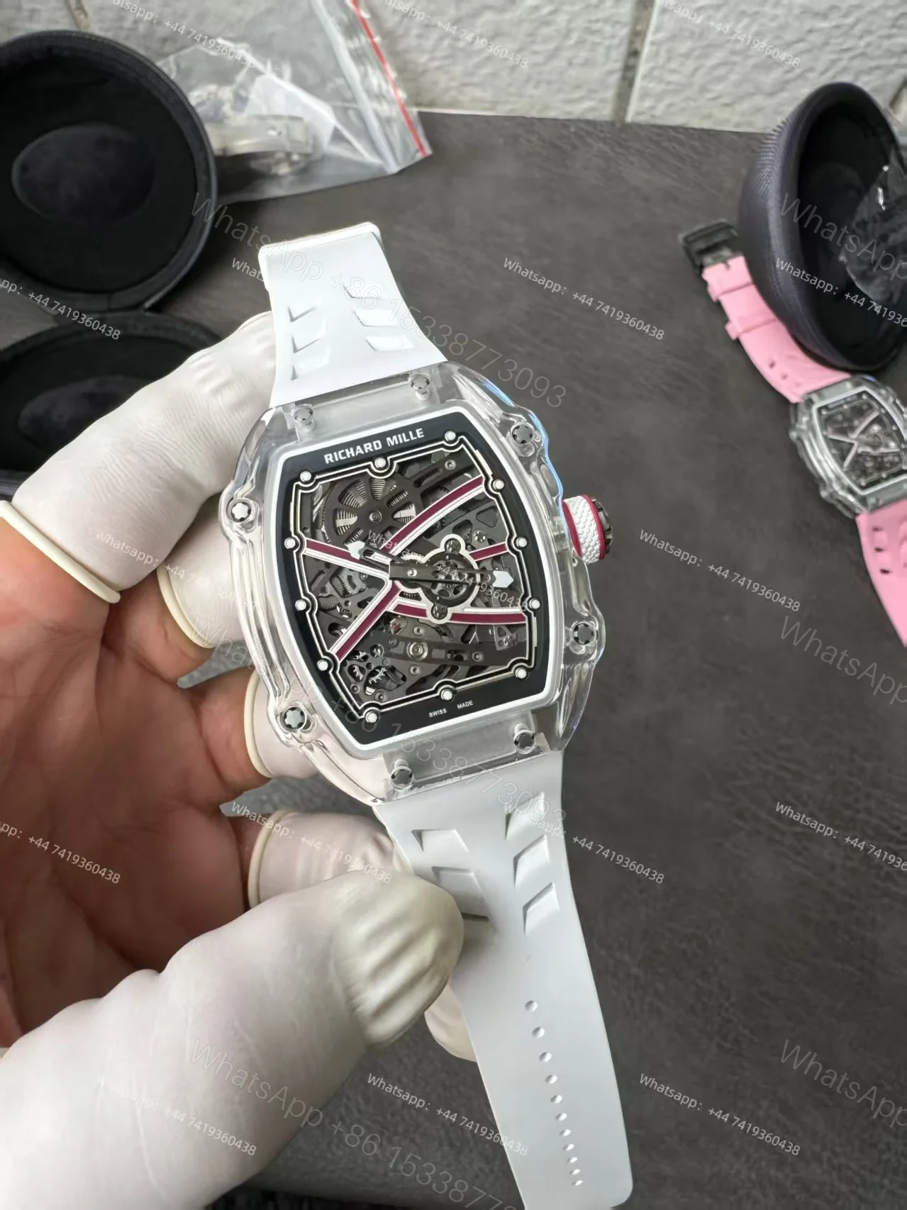 View 2 of Super Clone Richard Mille RM67-02 Sapphire Crystal Skeleton Tourbillon 1:1 Replica Watch with White Rubber Strap