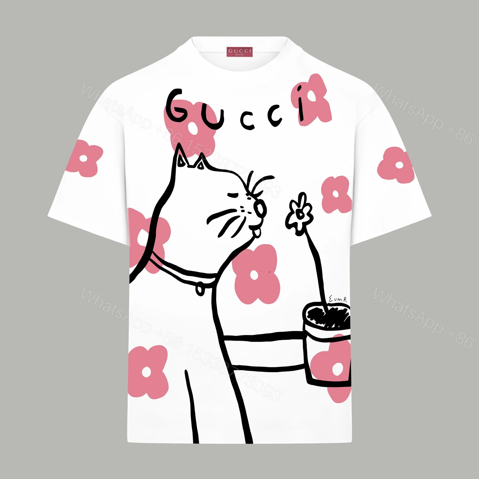 Gucci原單男士插畫短袖T恤 白底粉紅貓咪花卉童趣設計 — view 1