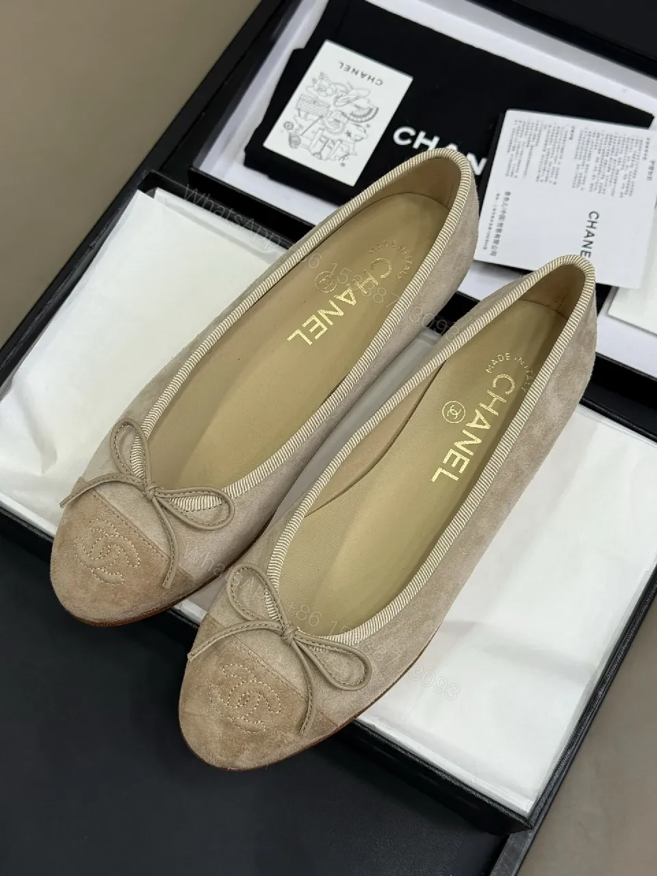 View 3 of Beige Suede Ballet Flats with Discreet Logo Emblem