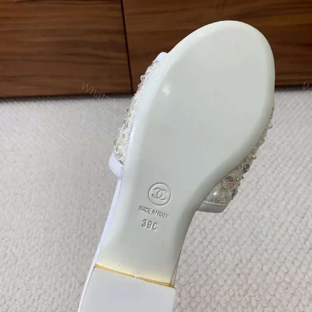View 4 of White Crystal Glitter Sandals Satin Bow Chanel Style Sparkle Embellishments Slide Sandals