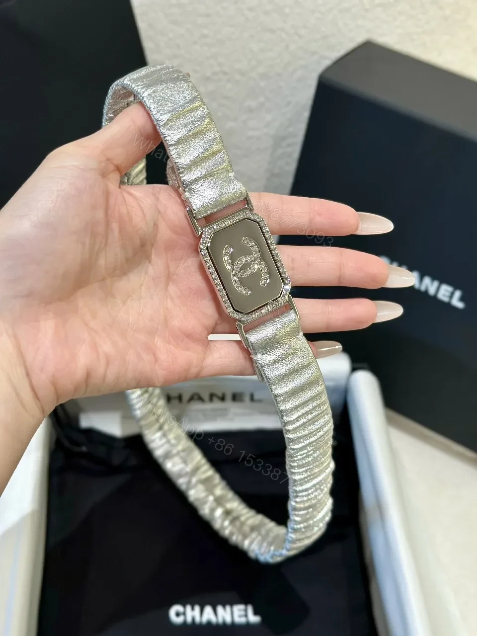View 4 of Metallic Textured Strap Watch with Crystal-Accented Bezel