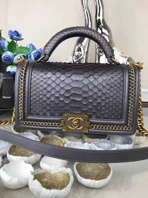 View 6 of Python Leather Chanel-Inspired Handbag: Rich Texture, Gold Clasp