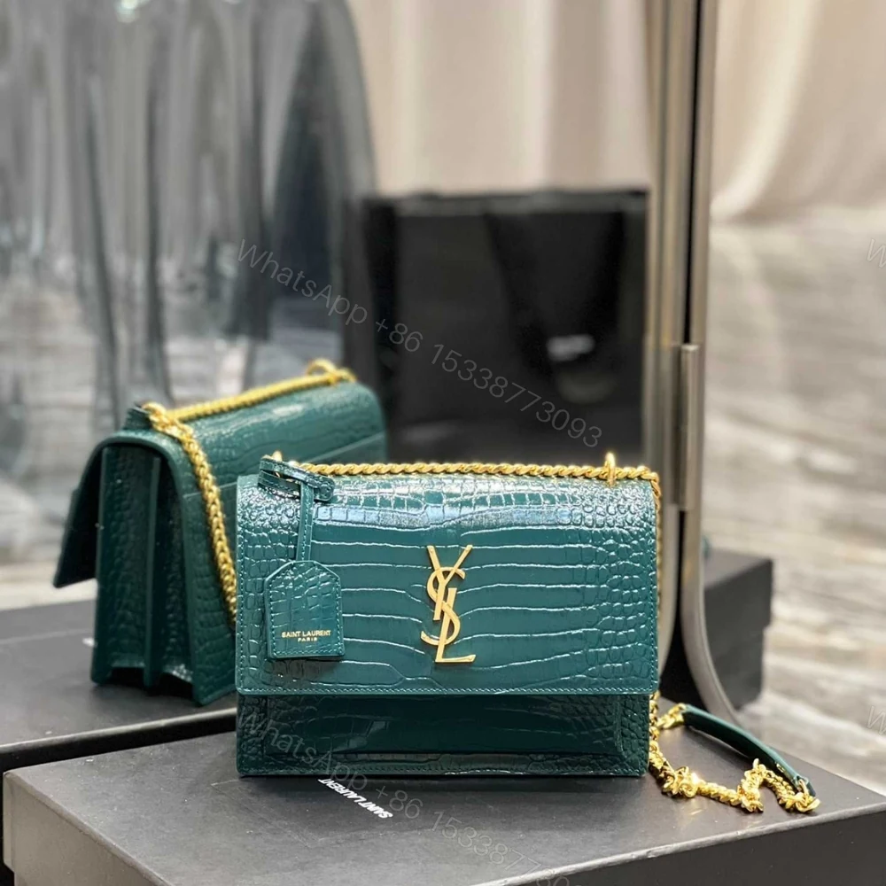 View 2 of Saint Laurent Sunset Medium Chain Bag In Crocodile-Embossed Shiny Mint 22Cm 442906DND0J3144