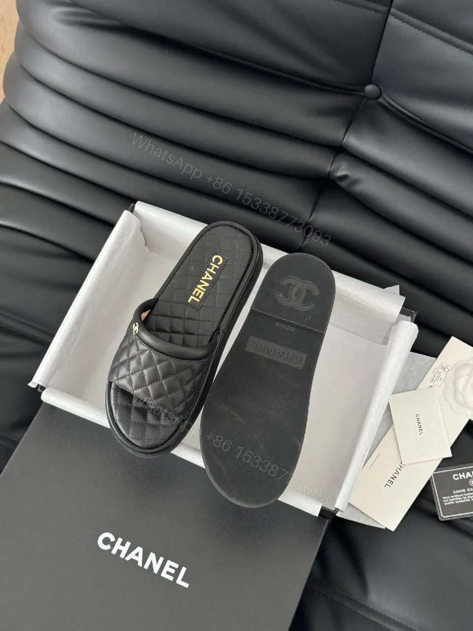 View 6 of Quilted Black Leather Slip-Ons with Gold Hardware – Ultra-Luxe Comfort