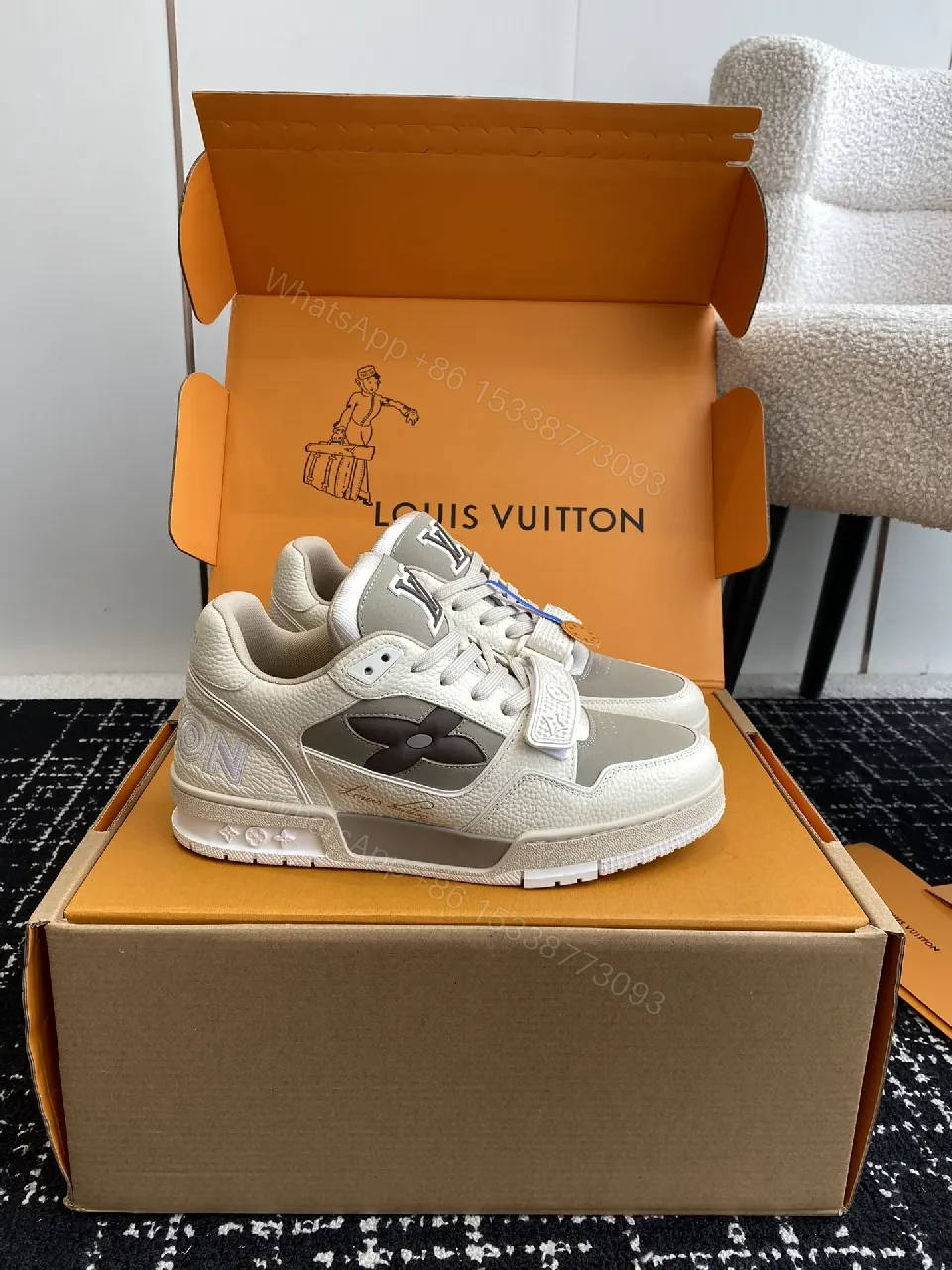 View 7 of Chunky Luxury Sneaker: Neutral Leather, Velcro Strap, High-Top Footwear