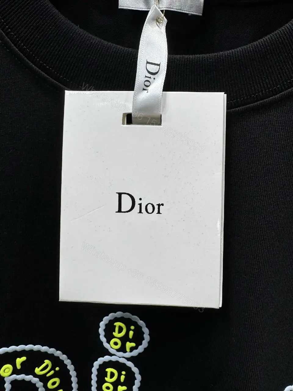View 3 of Black Cotton Tee Dior Logo Embroidered Style T-Shirt