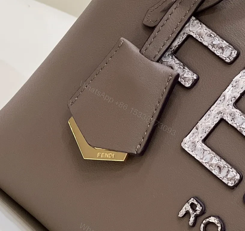 View 3 of Taupe Leather Fendi-Style Structured Handbag with Logo Detailing